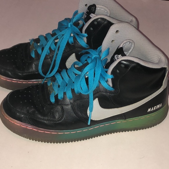 Size 9.5 Nike Air Force One High-Top Sneakers in Black with Blue Laces main image 6
